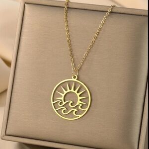 Gold Stainless Steel Sun Wave Pendant Necklace